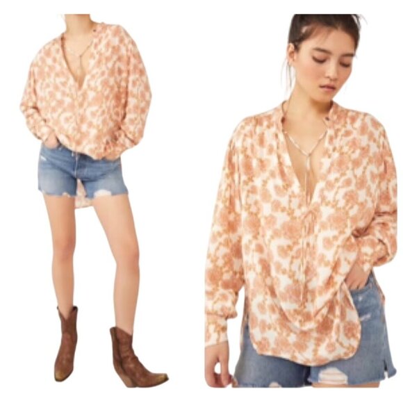 FREE PEOPLE Mia Tunic Top Sz M Pink Beige Floral VNeck Tie Front Viscose Woven - Picture 3 of 16